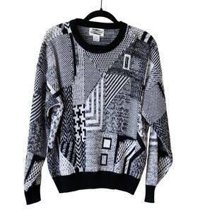Vintage 80's Men's Large Black White Geometric Crewneck Sweater